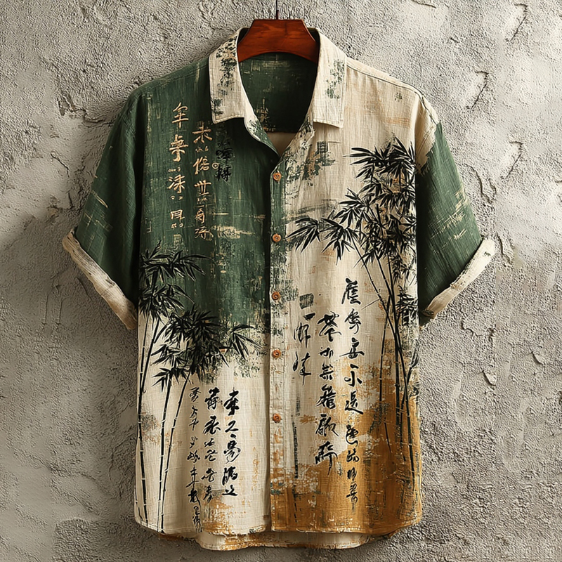 Men's Retro Japanese Bamboo Calligraphy Art Linen Short Sleeve Shirt elevenforest