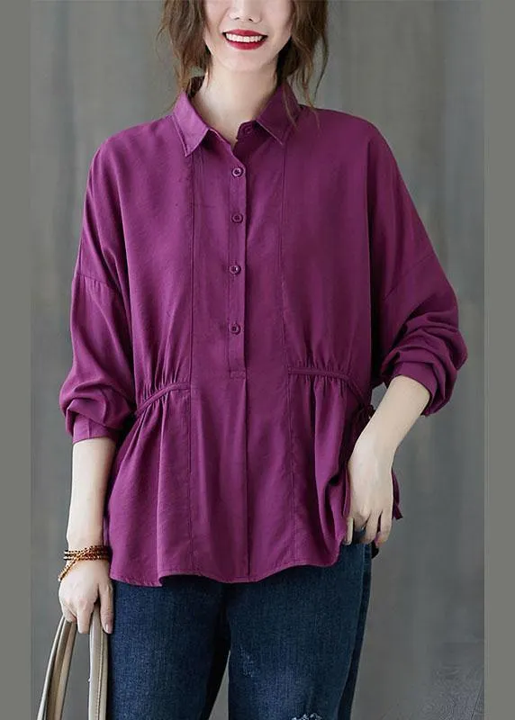 Women Purple Loose Button tie waist Fall Shirt Long sleeve