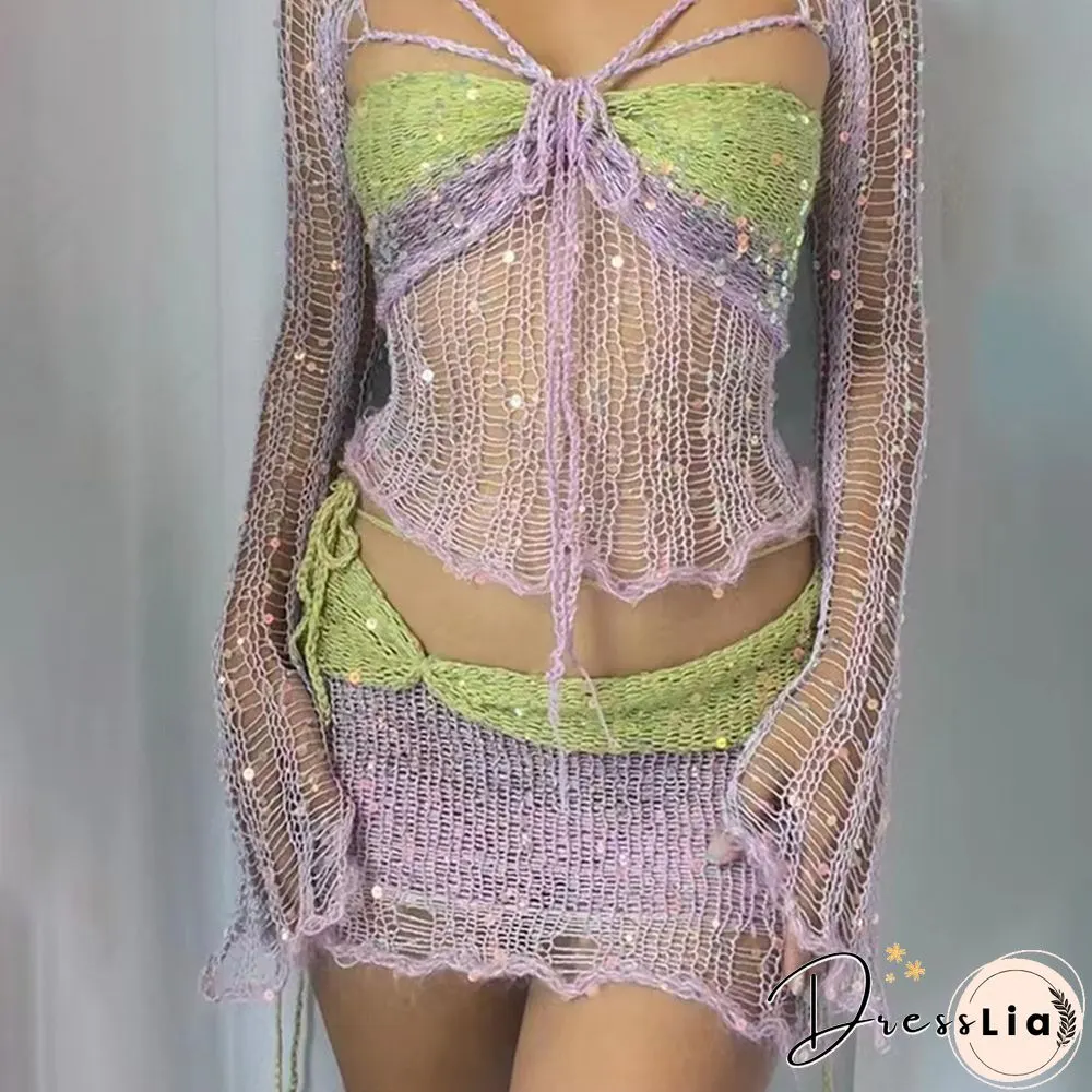 Sexy Sequin Knitted Sweater Three Piece Skirt Sets