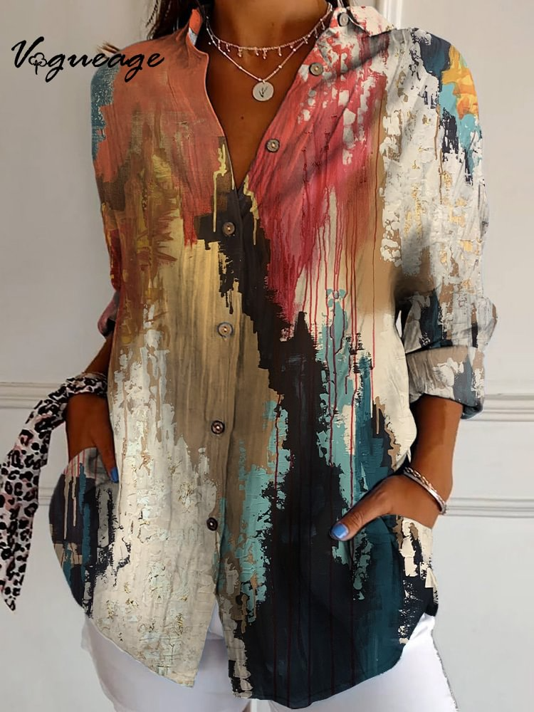 Colorful Watercolor Flower Long Sleeves Printed Cotton And Linen Shirt