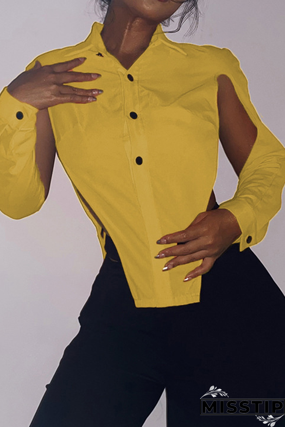 Grey Sexy Solid Hollowed Out Turndown Collar Tops
