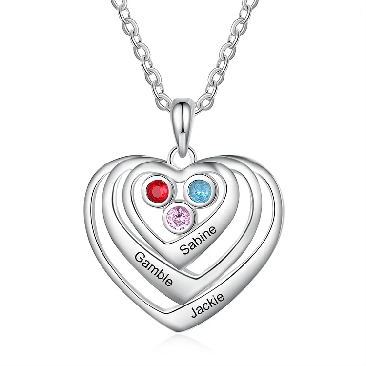 Personalized Three Heart Necklace with 3 Birthstones Family Necklace