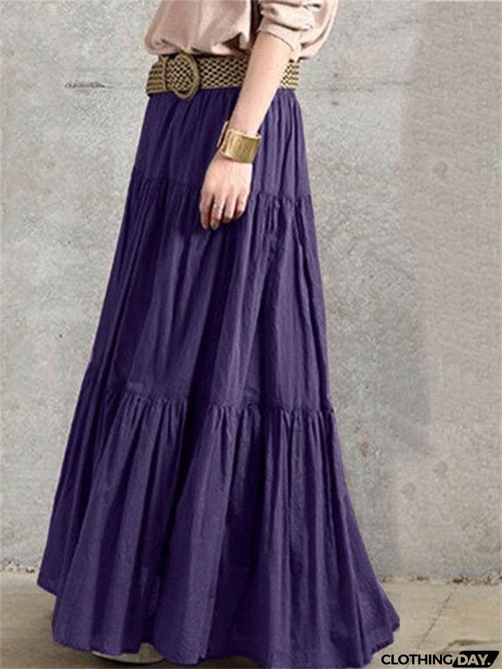 Women's Vintage Casual Elastic Waist Ruffle Long Skirts