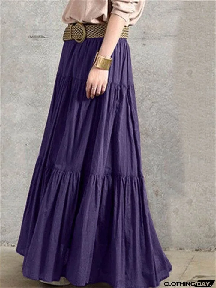 Women's Vintage Casual Elastic Waist Ruffle Long Skirts