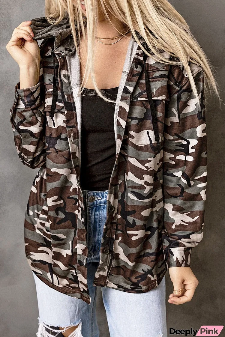 Camo Print Button up Green Hooded Jacket