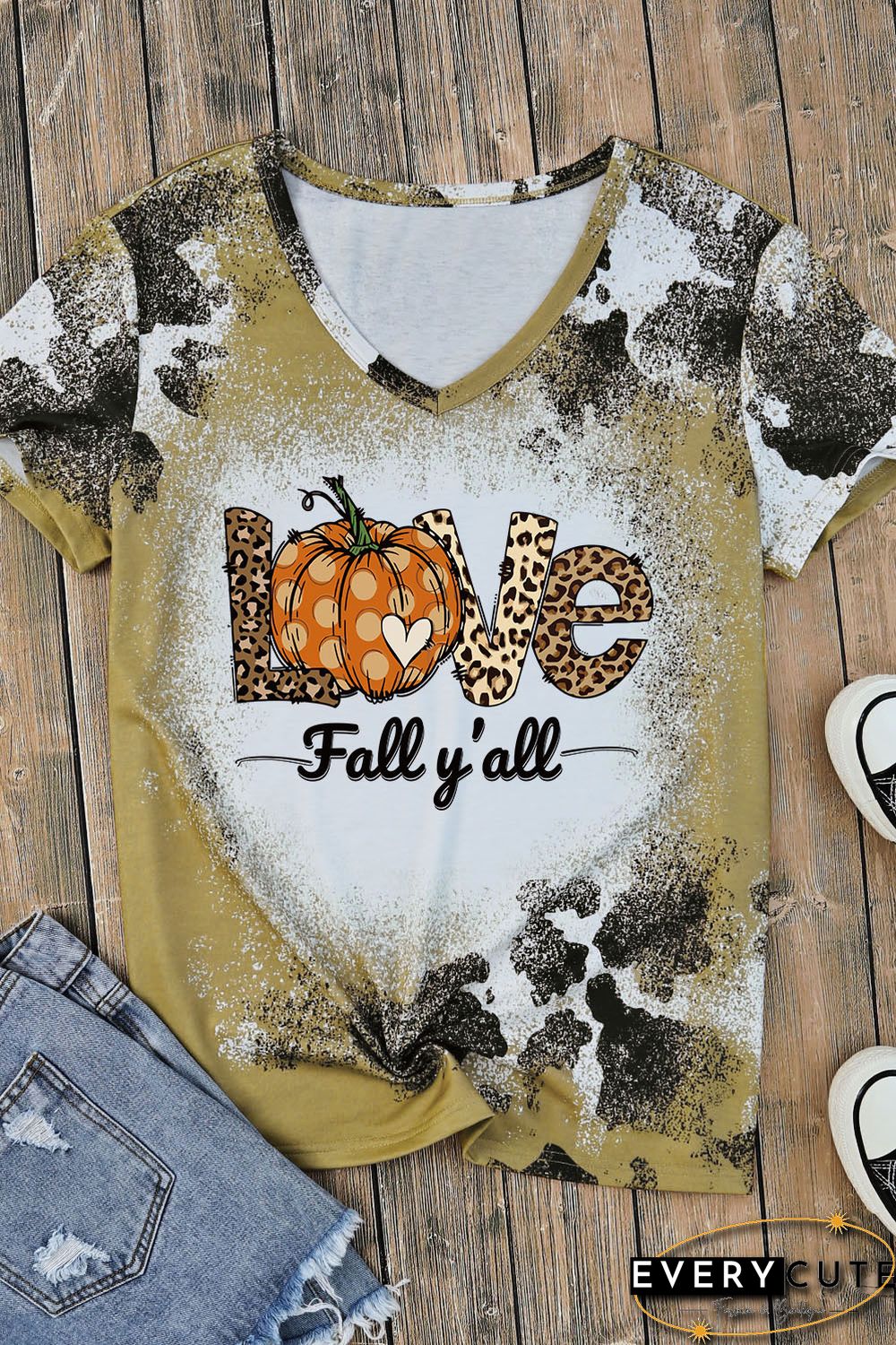 Brown Love Leopard Pumpkin Bleached Print V Neck Graphic Tee