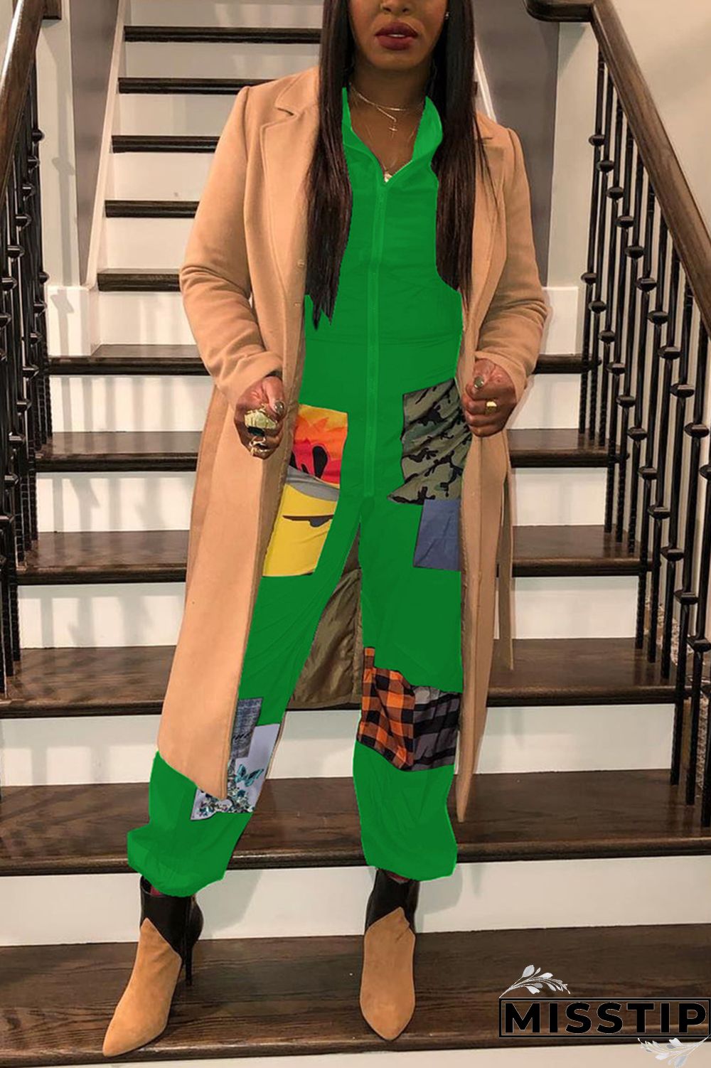 Leopard print Chemical fiber blend Sexy zipper Leopard Print Camouflage Zippered Zipper Plus Size