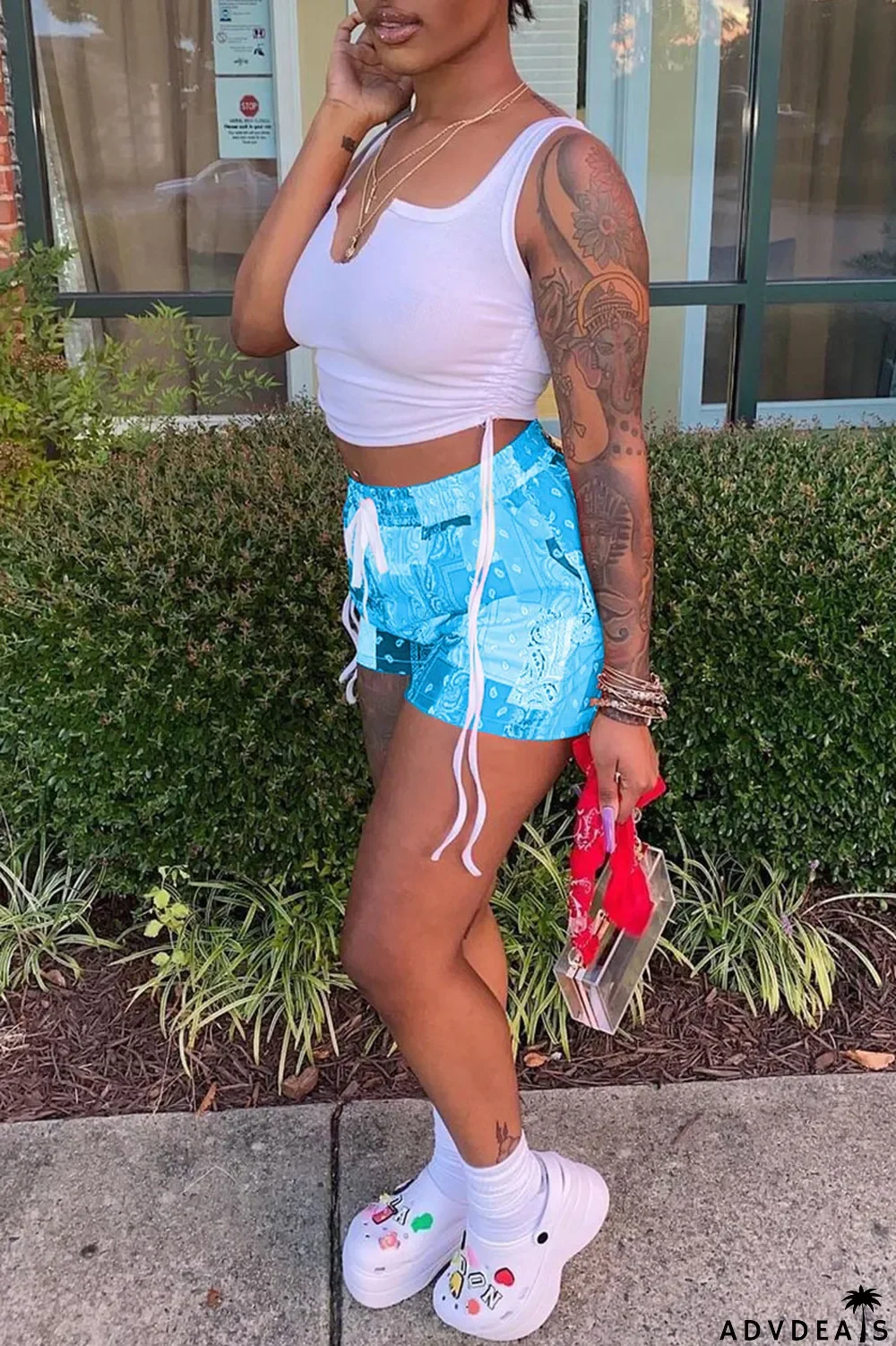 Grey Sexy Print Ripped Contrast Spaghetti Strap Sleeveless Two Pieces