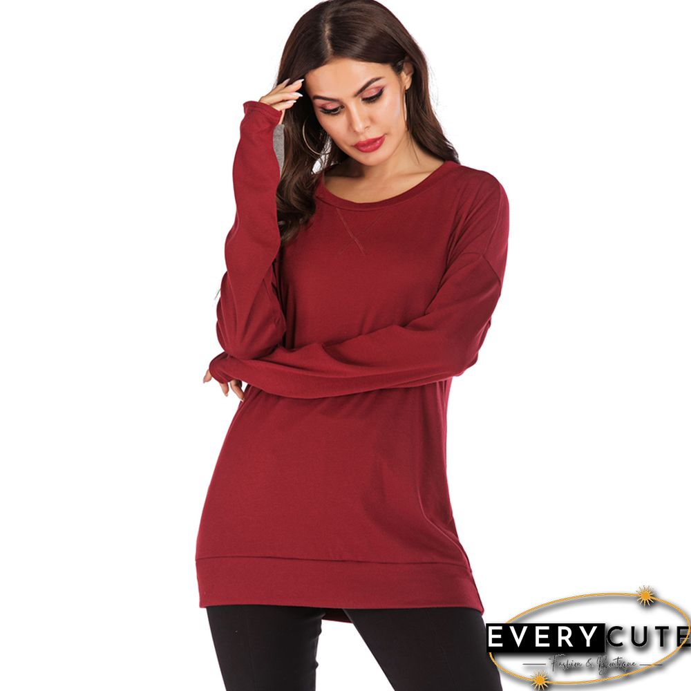 Wine Red Long Sleeve Pullover Sweatshirt