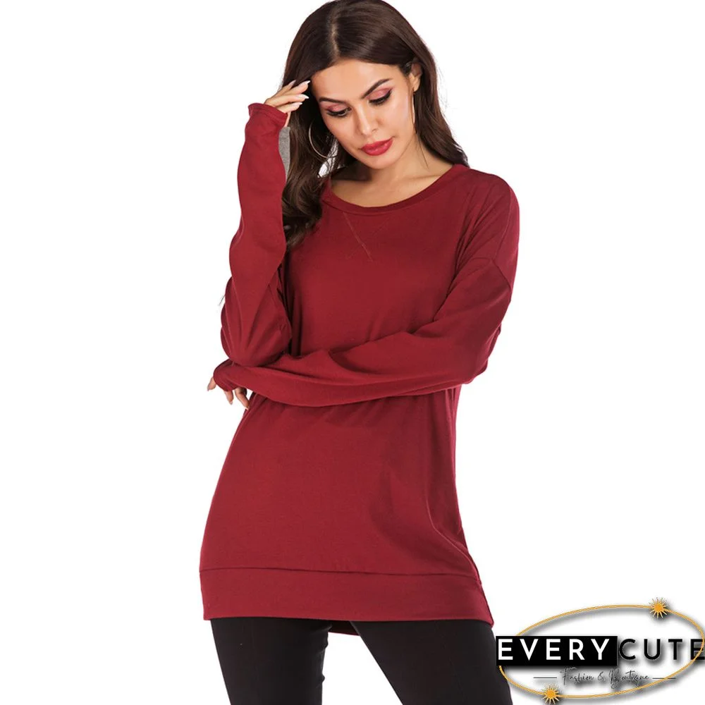 Wine Red Long Sleeve Pullover Sweatshirt