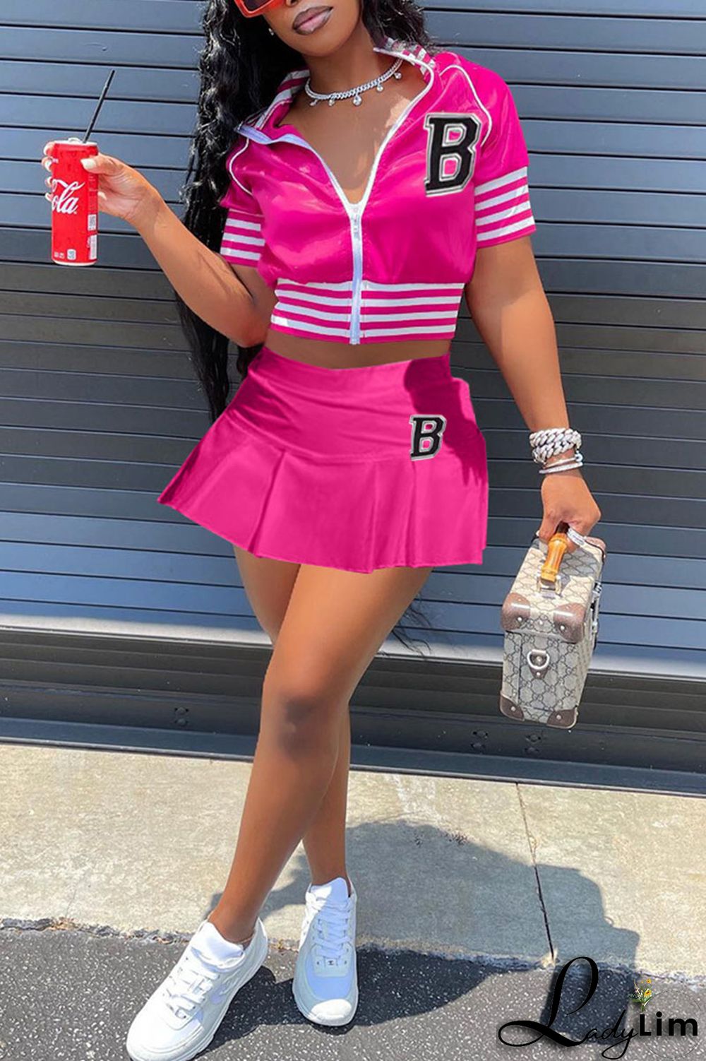 Blue Casual Street Print Split Joint Zipper Collar Short Sleeve Two Pieces