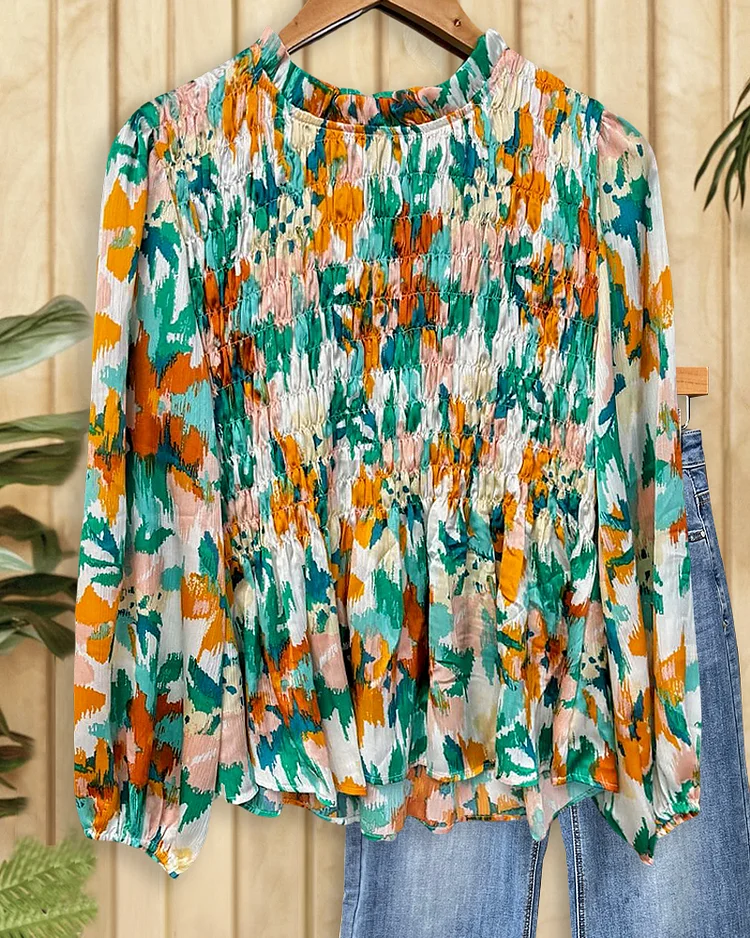 Vibrant Watercolor Print Glamorous Strap Shirred Blouse