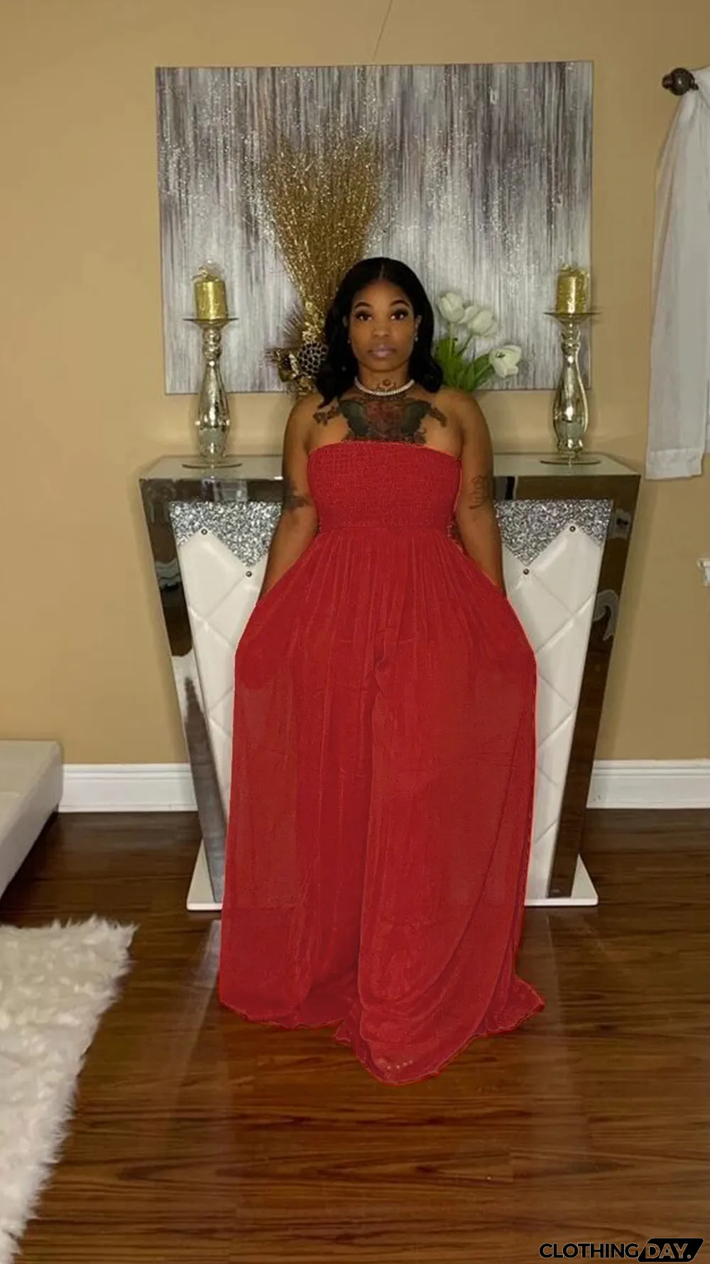 Plus Size Solid Off Shoulder Strapless Wide Leg Jumpsuit