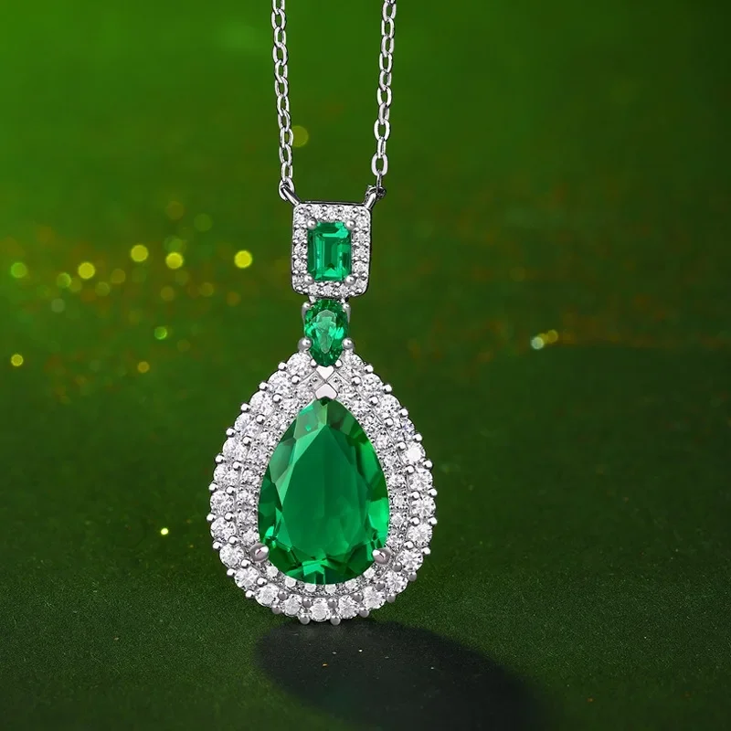 S925 Silver Lab Grown Emerald Pendant Necklace for Women Fine Jewelry 