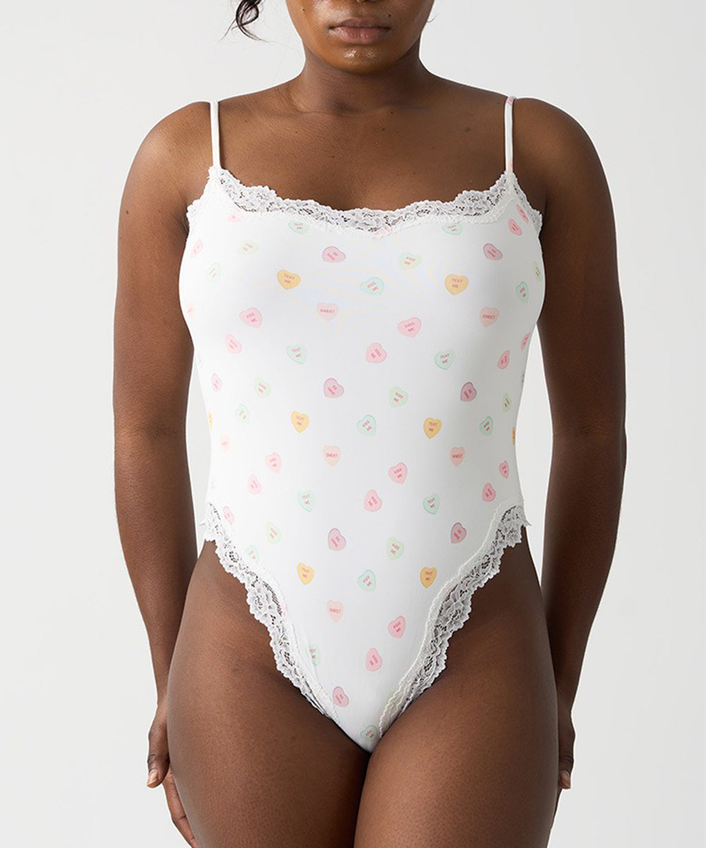 Lace Trimmed Heart Print Bodysuit