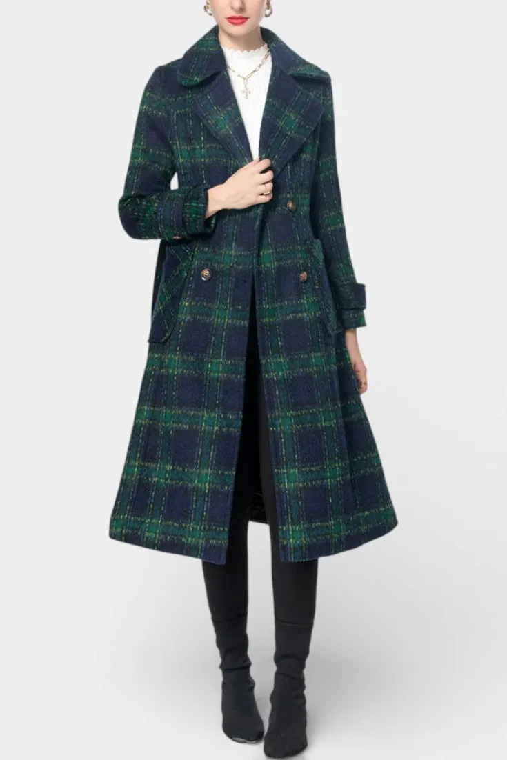 Classic Double-Breasted Check Coat with Notched Collar
