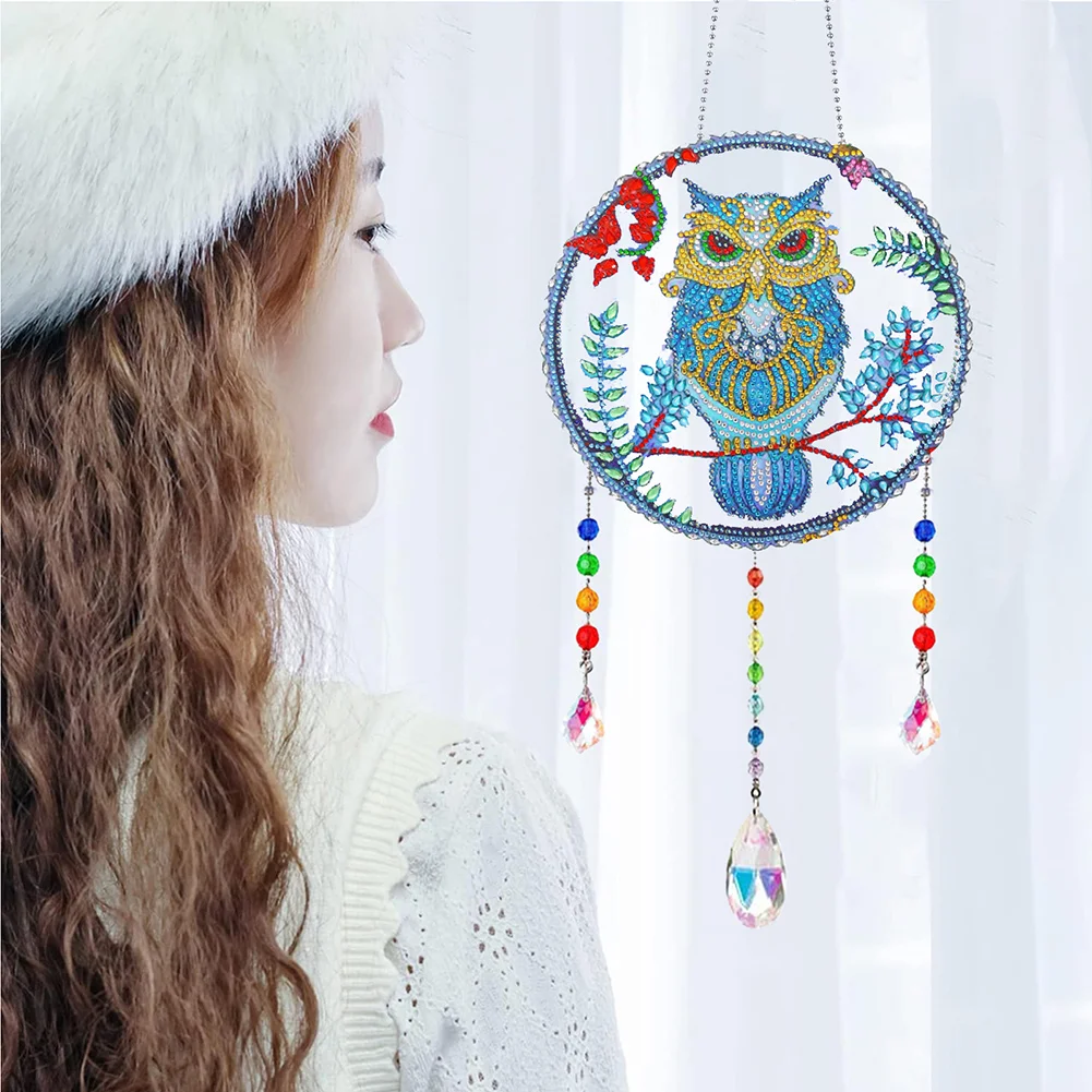 DIY Flower Owl Wind Chimes Wreath Diamond Crystal Painting Ornament for Home Wall Decor