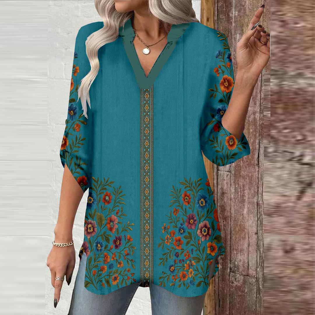 Women Floral,Blue DZGA0318 3/4 Sleeve V-neck Printed Graphic Button Tops
