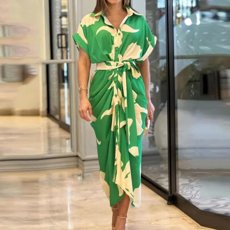 Uveng Uveng INS Fall Women's Print Lapel Short Sleeve High Waist Long Shirt Dress
