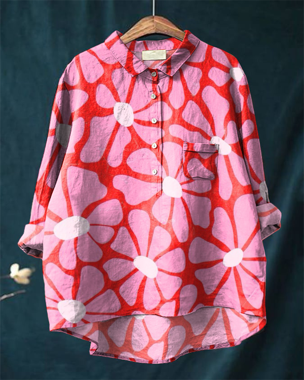 Vintage Pink Floral Print Cotton and Linen Shirt