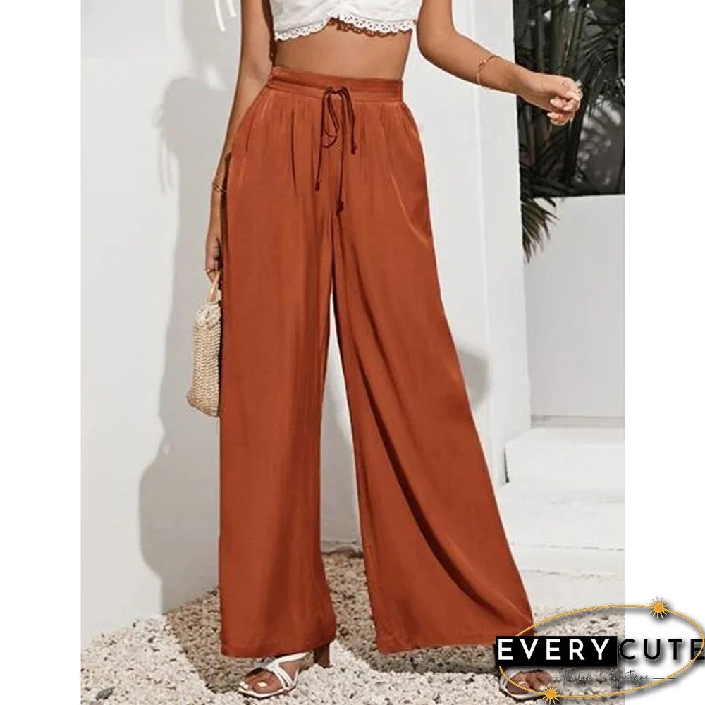 Orange Tie Waist Wide Leg Casual Pants
