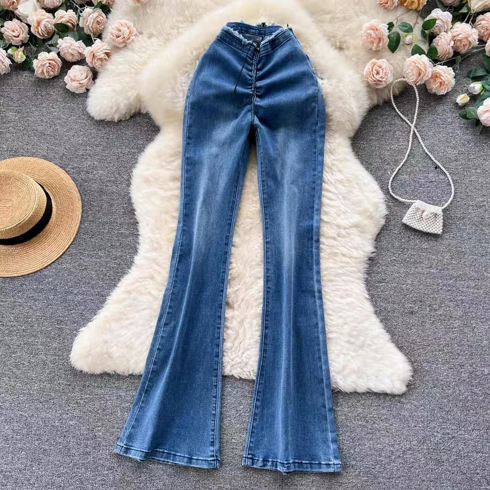 Zingj Zingj Girl V Waist Fold Elastic Micro Bell Bottom Pants Female
