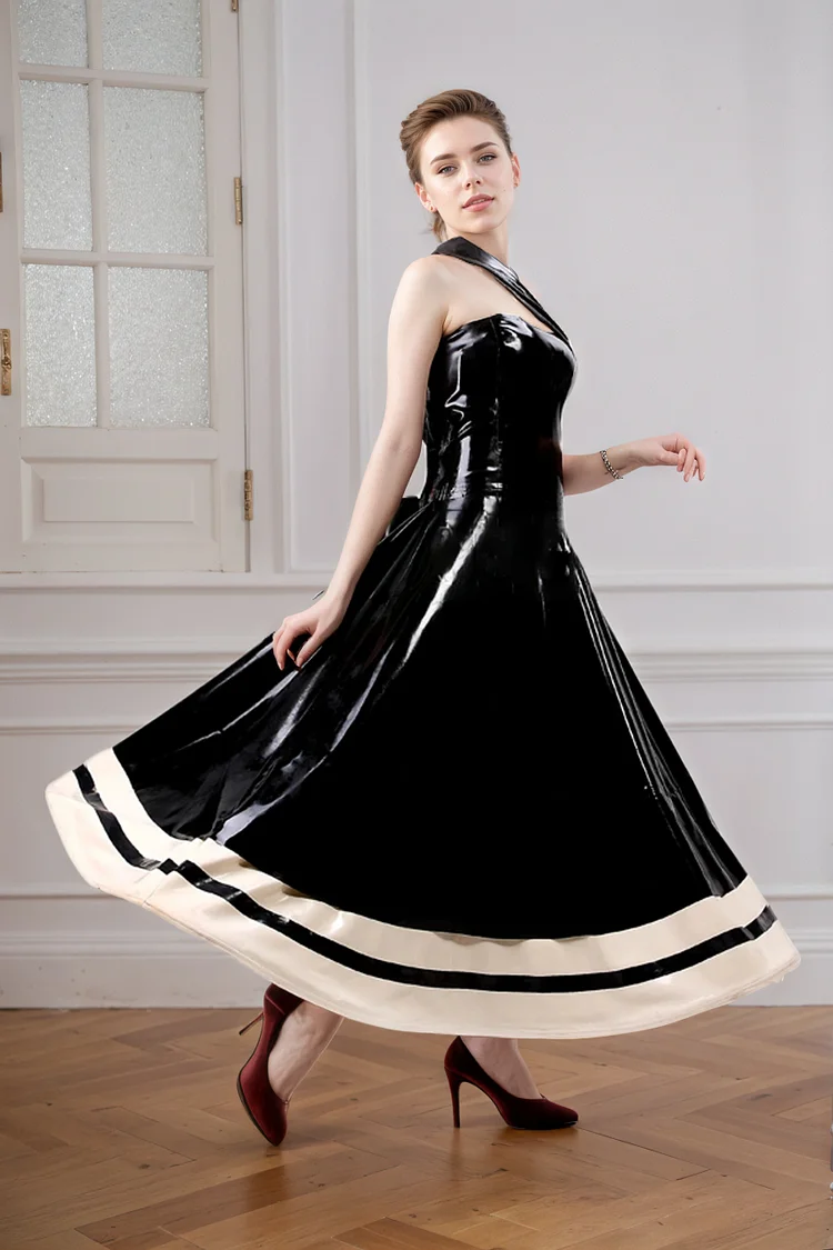 Women Latex Dress Garden Delight High-Shine Black Unique One-Shoulder Gown 