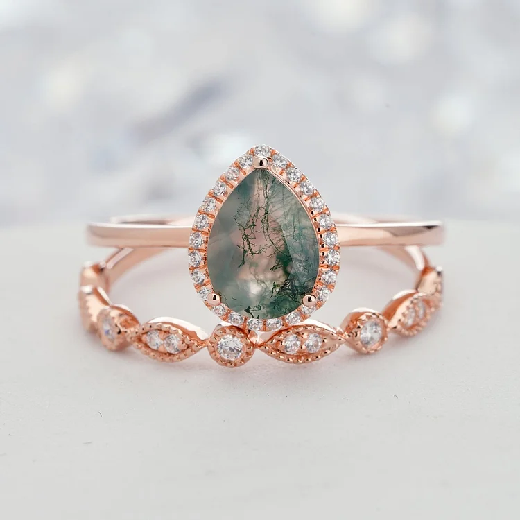 Olivenorma Pear Cut Moss Agate Engagement S925 Sterling Silver Ring