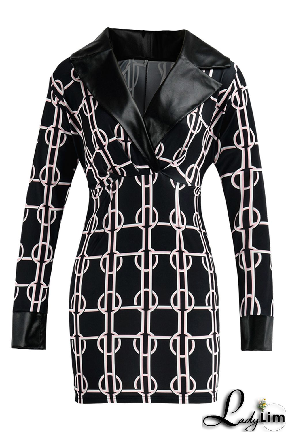 Black White Fashion Casual Print Split Joint V Neck Long Sleeve Dresses