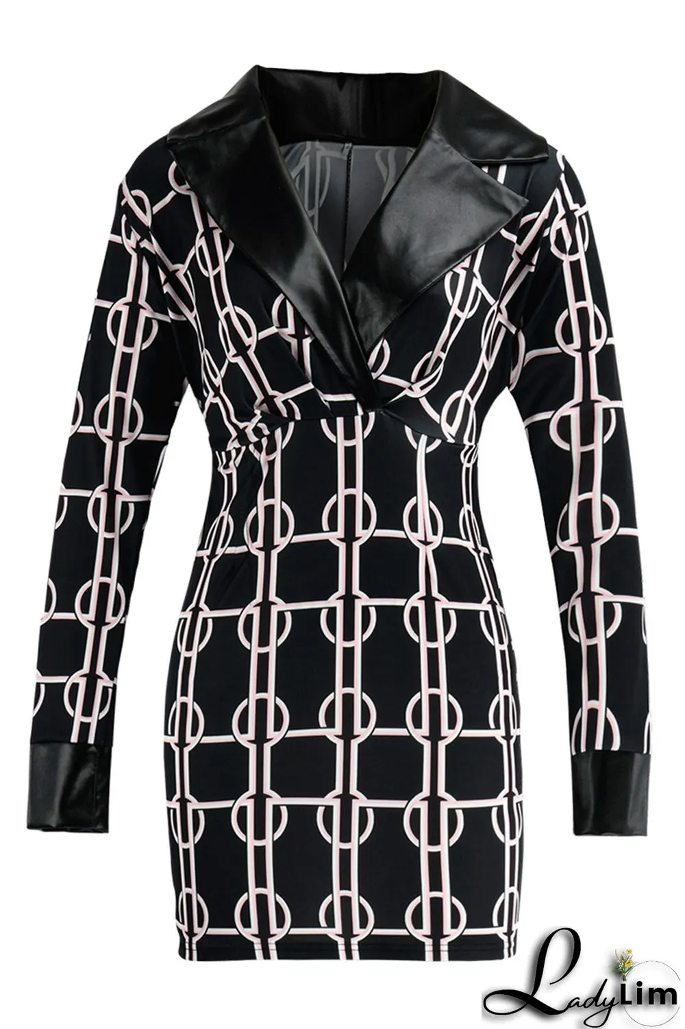 Black White Fashion Casual Print Split Joint V Neck Long Sleeve Dresses