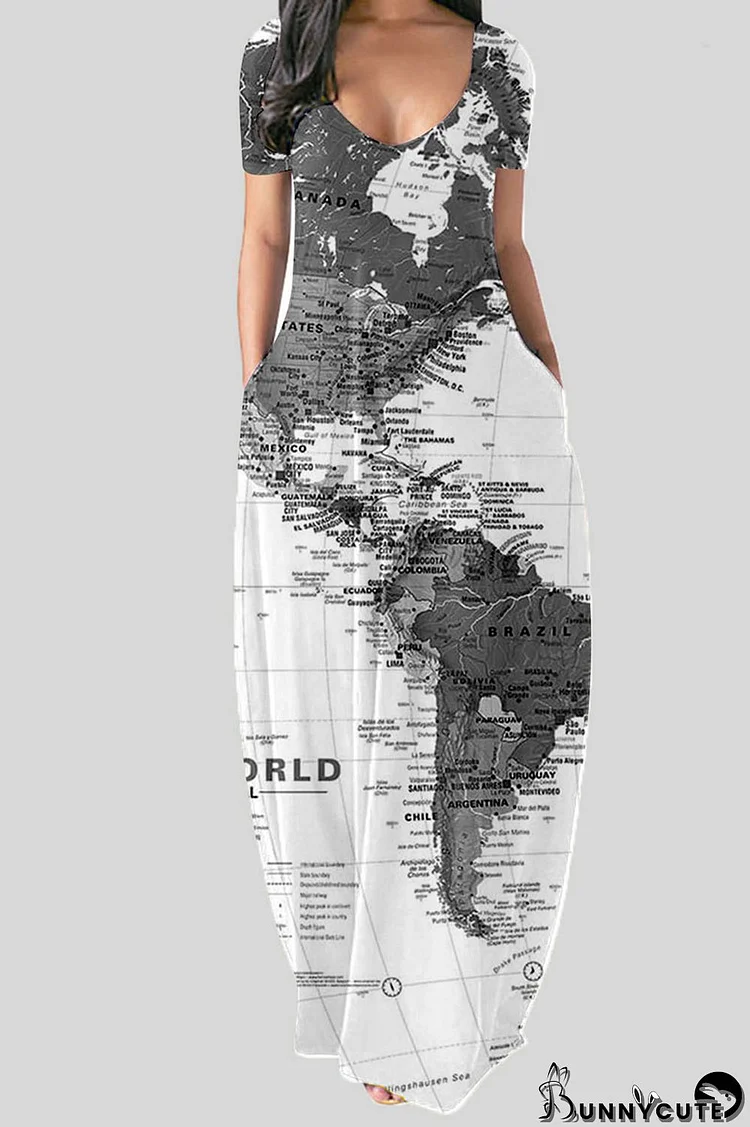 Gray White Casual Print Patchwork V Neck Straight Dresses