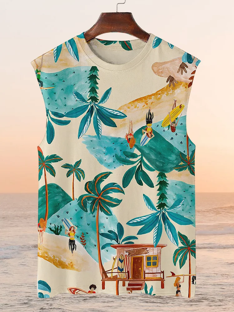 Men's Vacation Time Palm Tree Art Print Tank Top