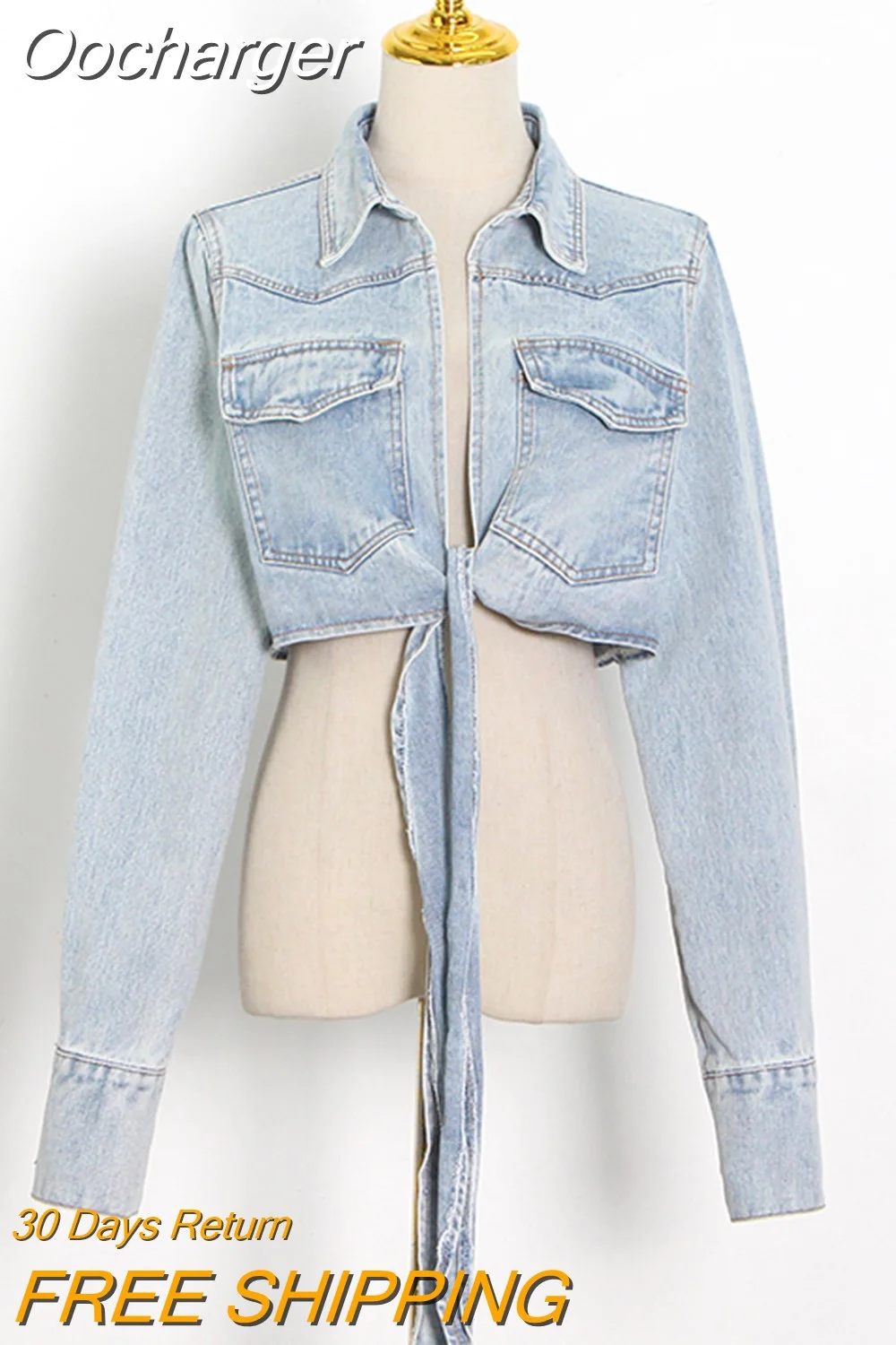 Oocharger Denim Lace Up Bowknot Jacket For Women Lapel Long Sleeve Casual Short Jackets Female Fashion New Clothes 2023 Style