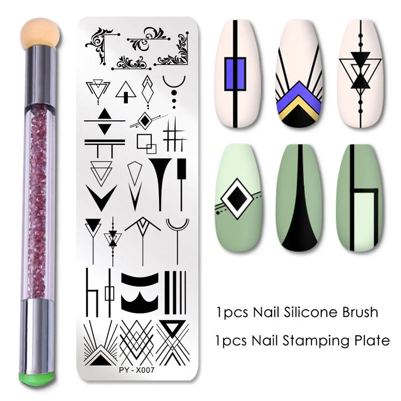 2Pcs/set Nail Stamping Plates Set Silicone Sponge Brush Polish Transfer Stencils Flower Geometry DIY Template for Nail Tools-Nail Inspo