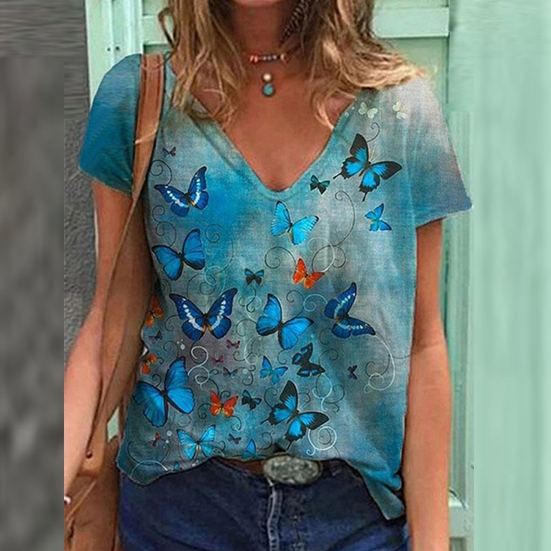 Women's Summer Fashion Butterfly Printed Short Sleeve  V NeckT Shirt Cotton Plus Size Tops XS-5XS