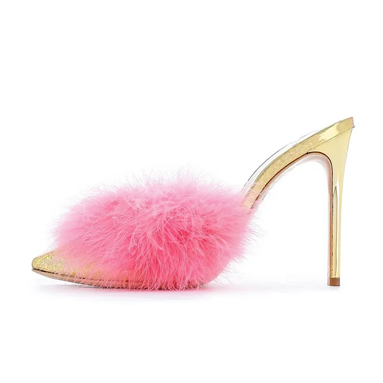 Gold Pointed Toe Stiletto Heels Pink Faux Fur Decor Mules for Women |FSJ Shoes