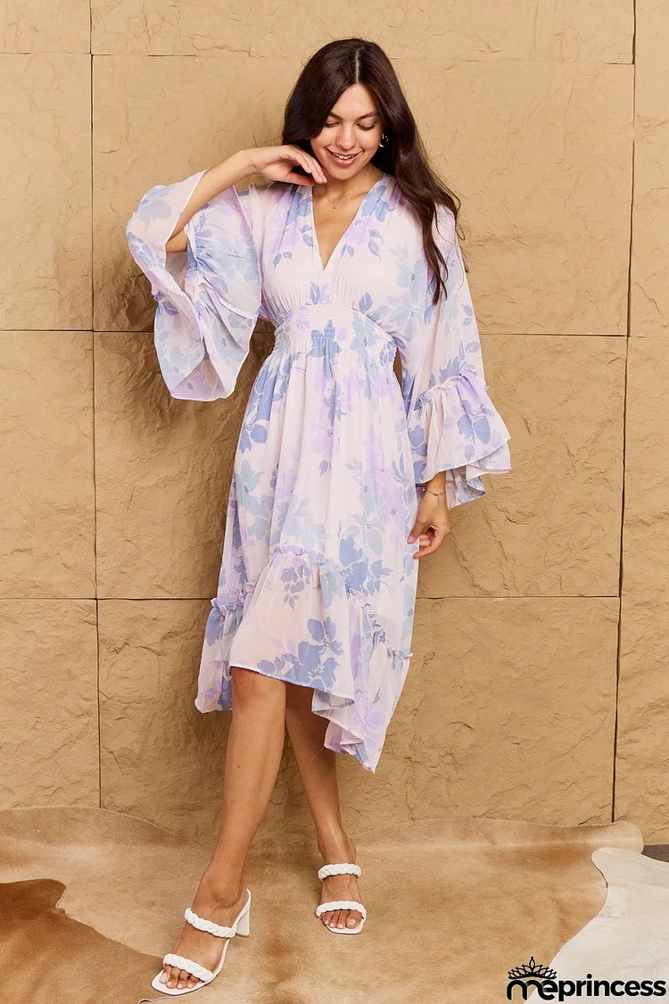 OneTheLand Take Me With You Floral Bell Sleeve Midi Dress in Blue