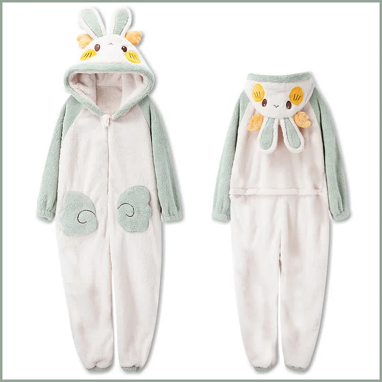 Cartoon Bunny Chic Pocket Plush Hooded Jumpsuit Pajamas - Modakawa Modakawa
