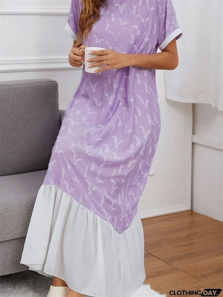 Round Neck Printed Contrast Color Long Dresses