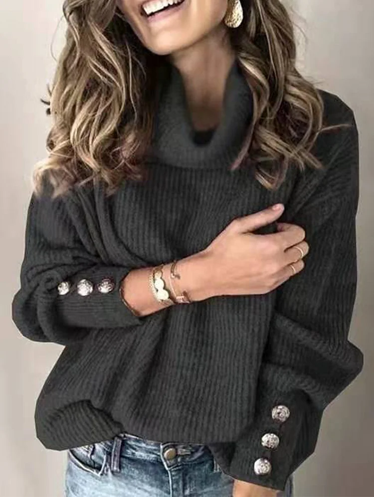 Daily Turtleneck Long Sleeve Button Cuff Rib Knit Solid Sweater