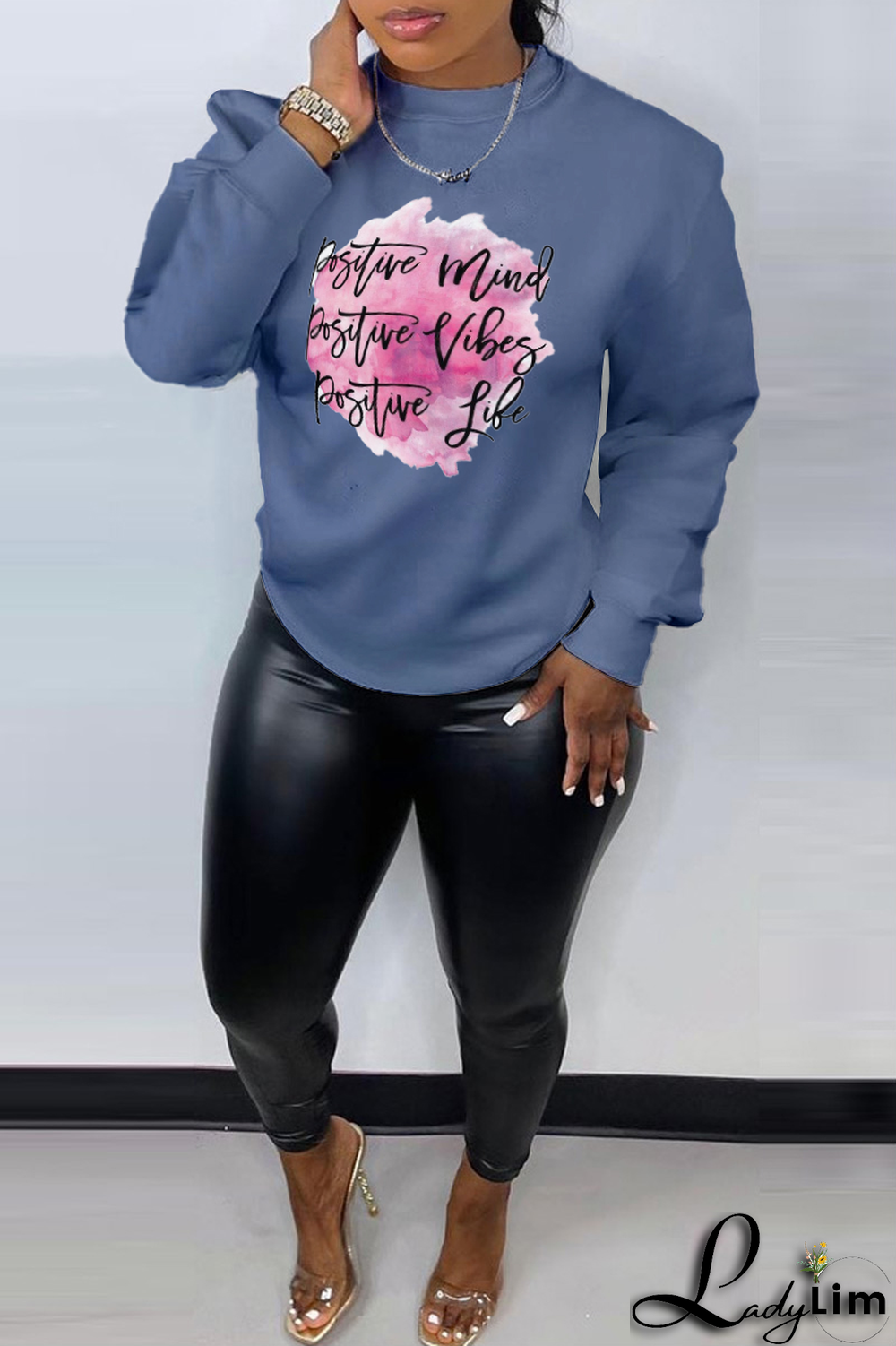 Blue Casual Street Print Patchwork Letter O Neck Tops