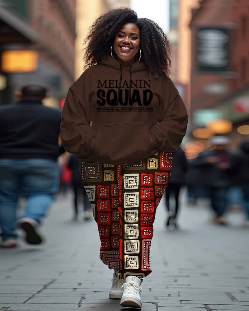 Women's Plus Size Melanin Hoodie and Ethnic Prints Pants Set