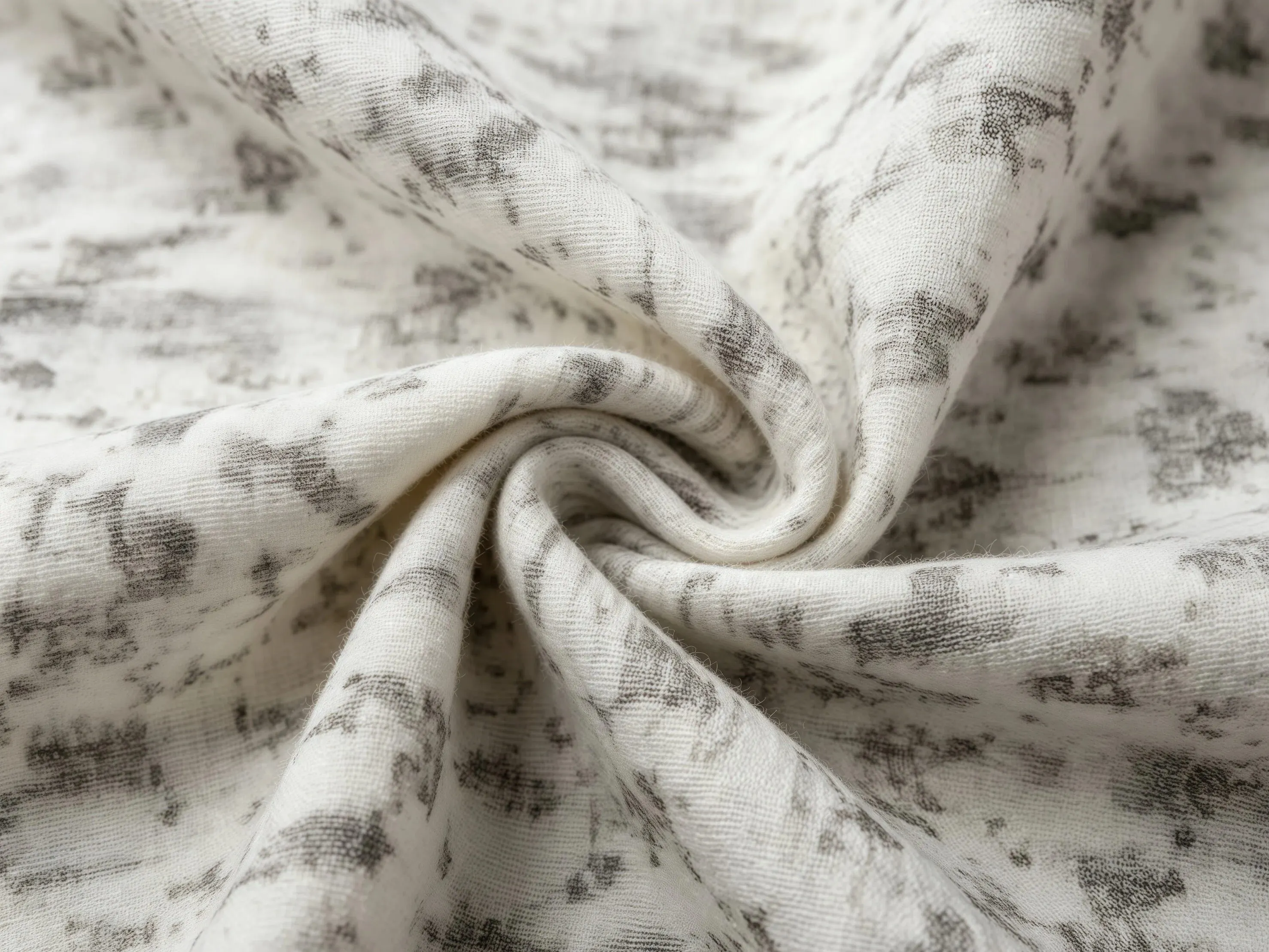 Off-White Linen-Like Fabric with Grey Tie-Dye Print, Breathable Soft Material for Dressmaking & Sewing