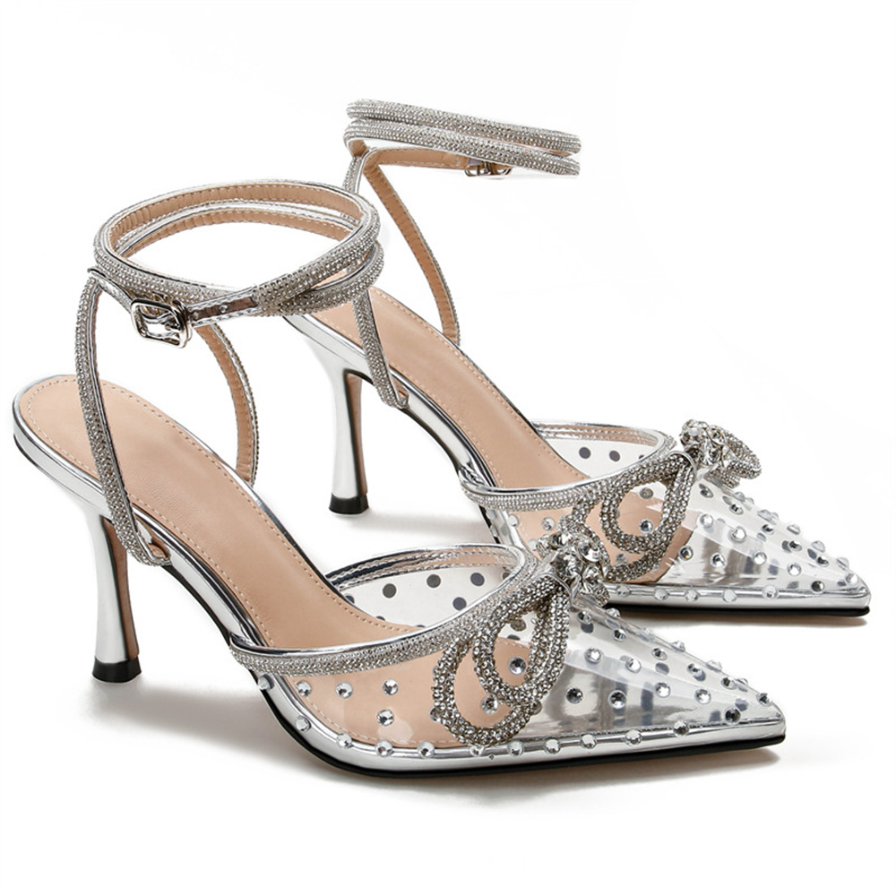 85mm Women's Stiletto Heel Ankle Strap Pumps Pointed Toe Crystal High Heels Sandals Summer Banquet Daily Wedding Shoes-MERUMOTE