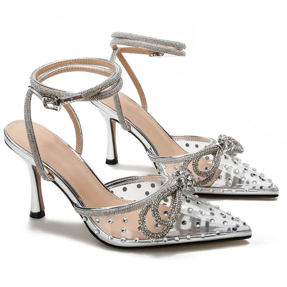85mm Women's Stiletto Heel Ankle Strap Pumps Pointed Toe Crystal High Heels Sandals Summer Banquet Daily Wedding Shoes-MERUMOTE