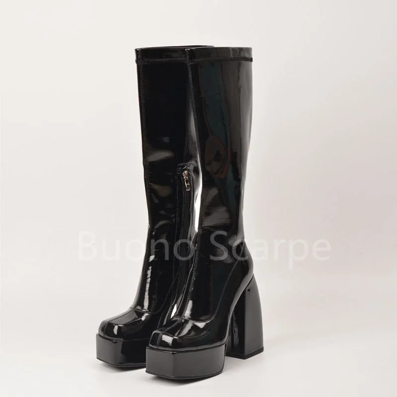 Punk Style Platform Boots Elastic Microfiber Shoes Woman Spice Ankle Boots High Heels Black Thick Platform Long Knee High Boots