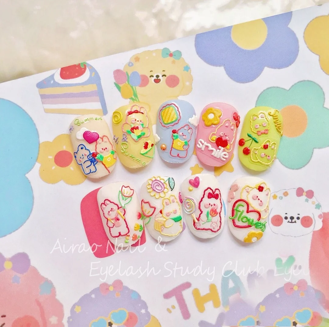 Beautizon Colorful Cartoon Teddy bear High Quality 5D Engraved Nail Stickers Nail Art Decorations Nail Decals Design-Nail Inspo