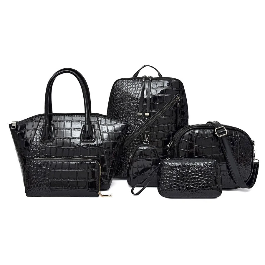 High Quality Pu Leather Handbags Women Bags Fashion Ladies 6 Pieces Set Shoulder Bag Luxury Designer Crocodile Female Tote Bags