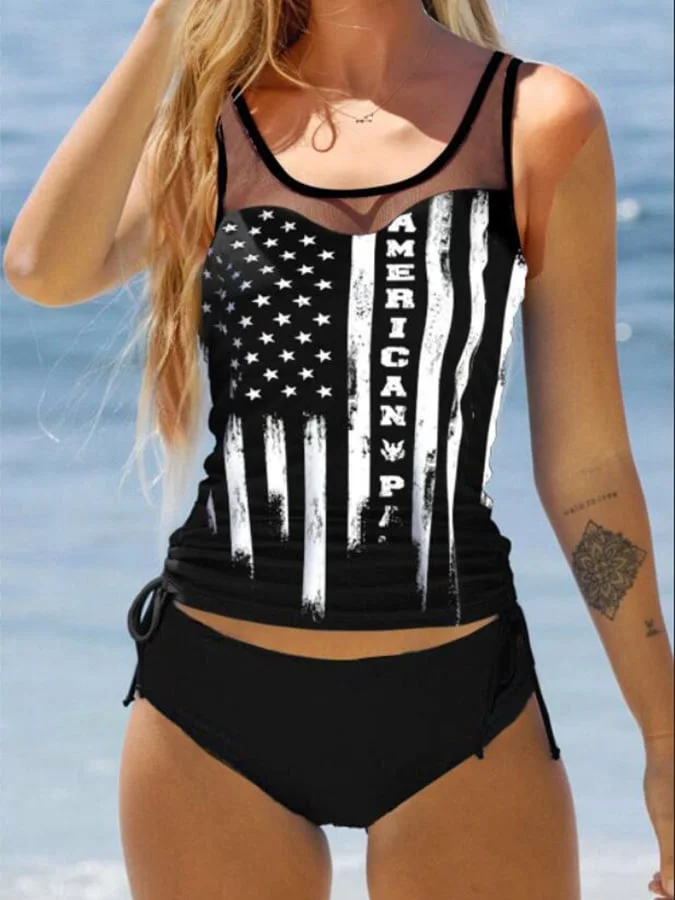 National flag printing mesh stitching sexy bikini two-piece swimsuit