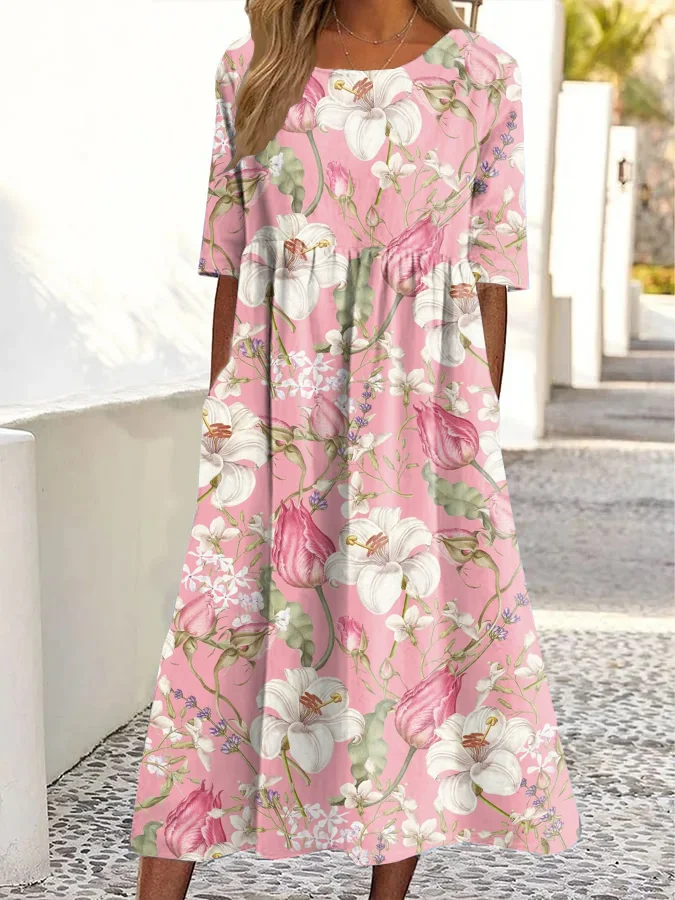 Vintage Floral Print Round Neck Pocket Midi Dress